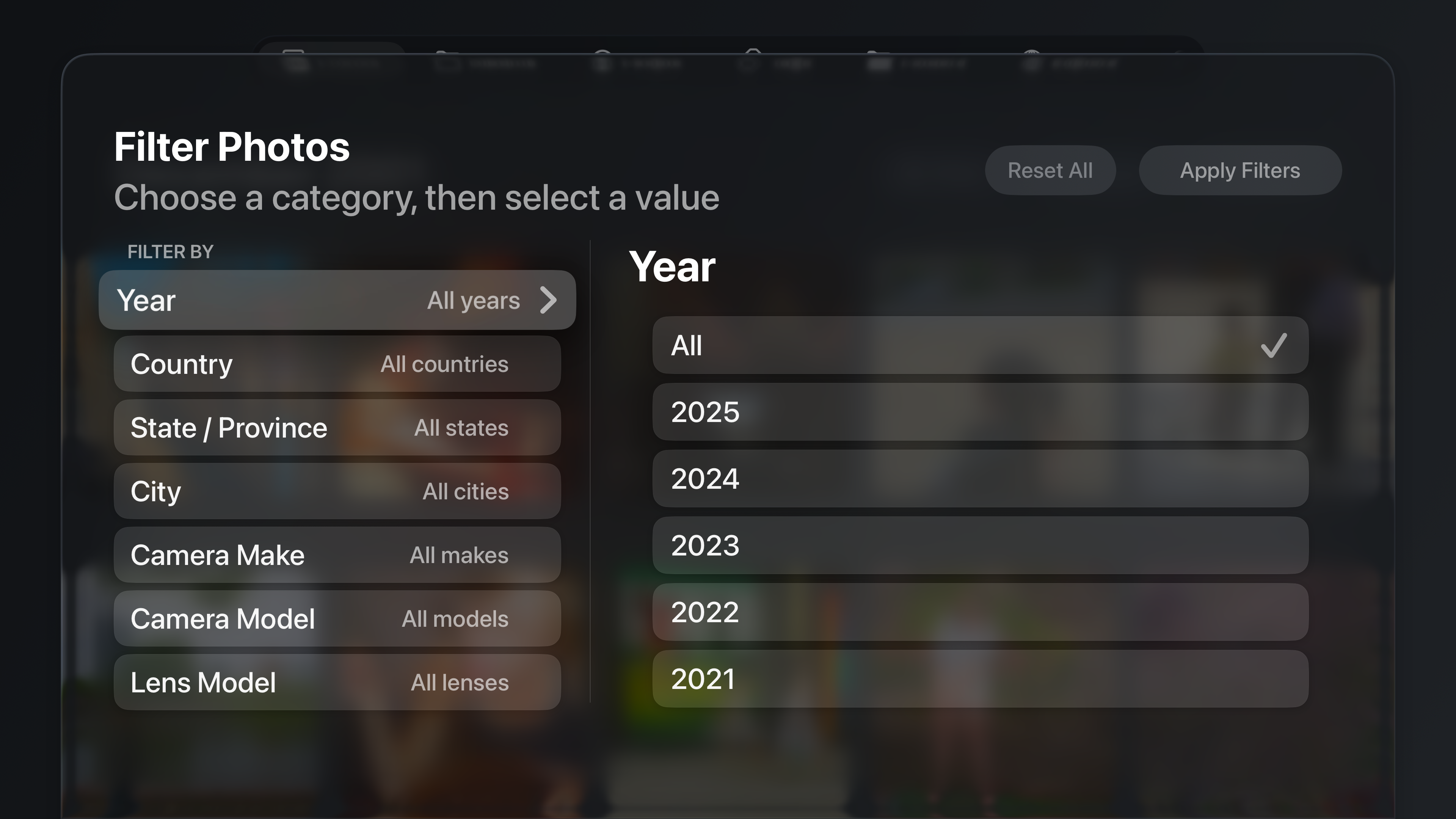 Timeline filter controls